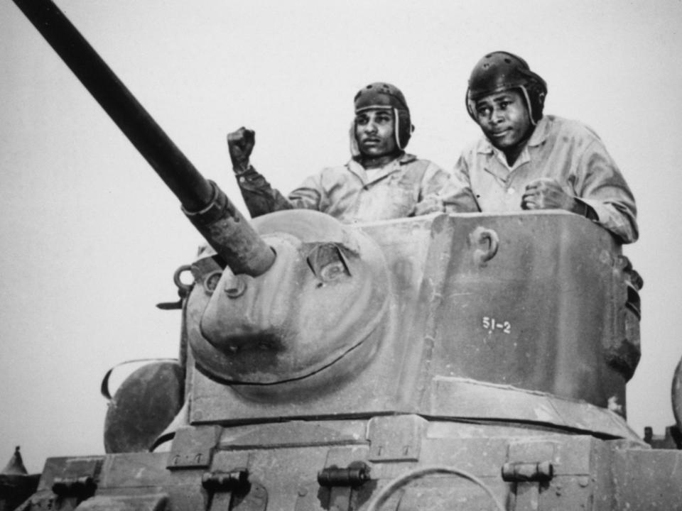 Recruits in the turret of an tank during training at Montford Point.