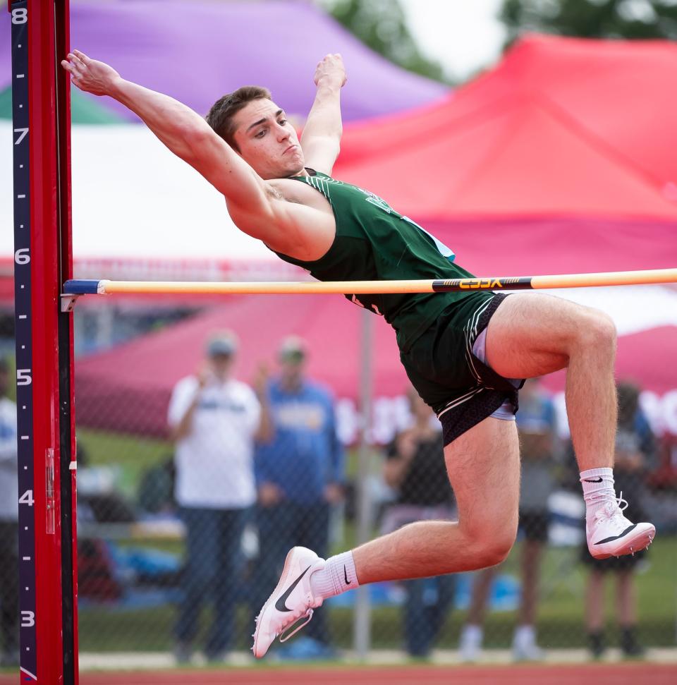Fairfield's Jacob Ogle competes in the 2A high jump at the PIAA District 3 Track and Field Championships at Shippensburg University Friday, May 19, 2023. Ogle won silver with a mark of 6-1.