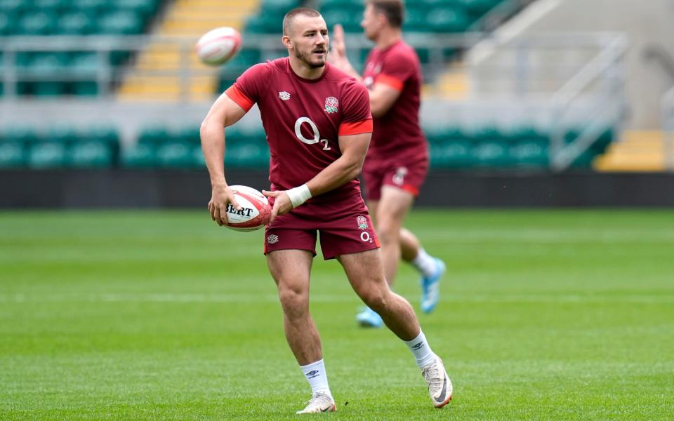 England's Ollie Sleightholme during a training session at Twickenham Stadium, London