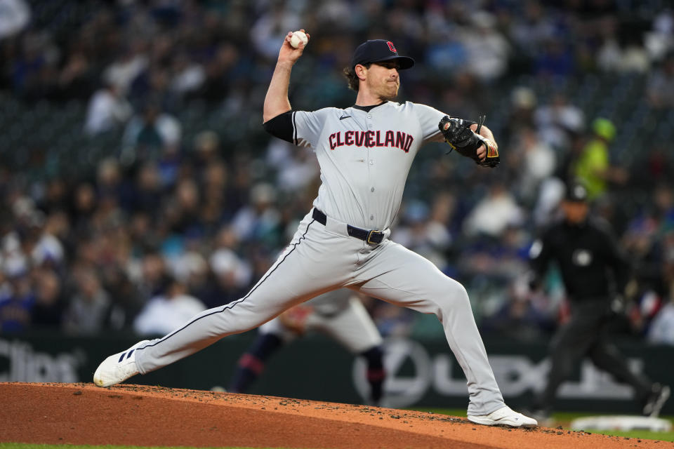 Cleveland Guardians starting pitcher Shane Bieber throws against the Seattle Mariners during the second inning of a baseball game Tuesday, April 2, 2024, in Seattle. (AP Photo/Lindsey Wasson)