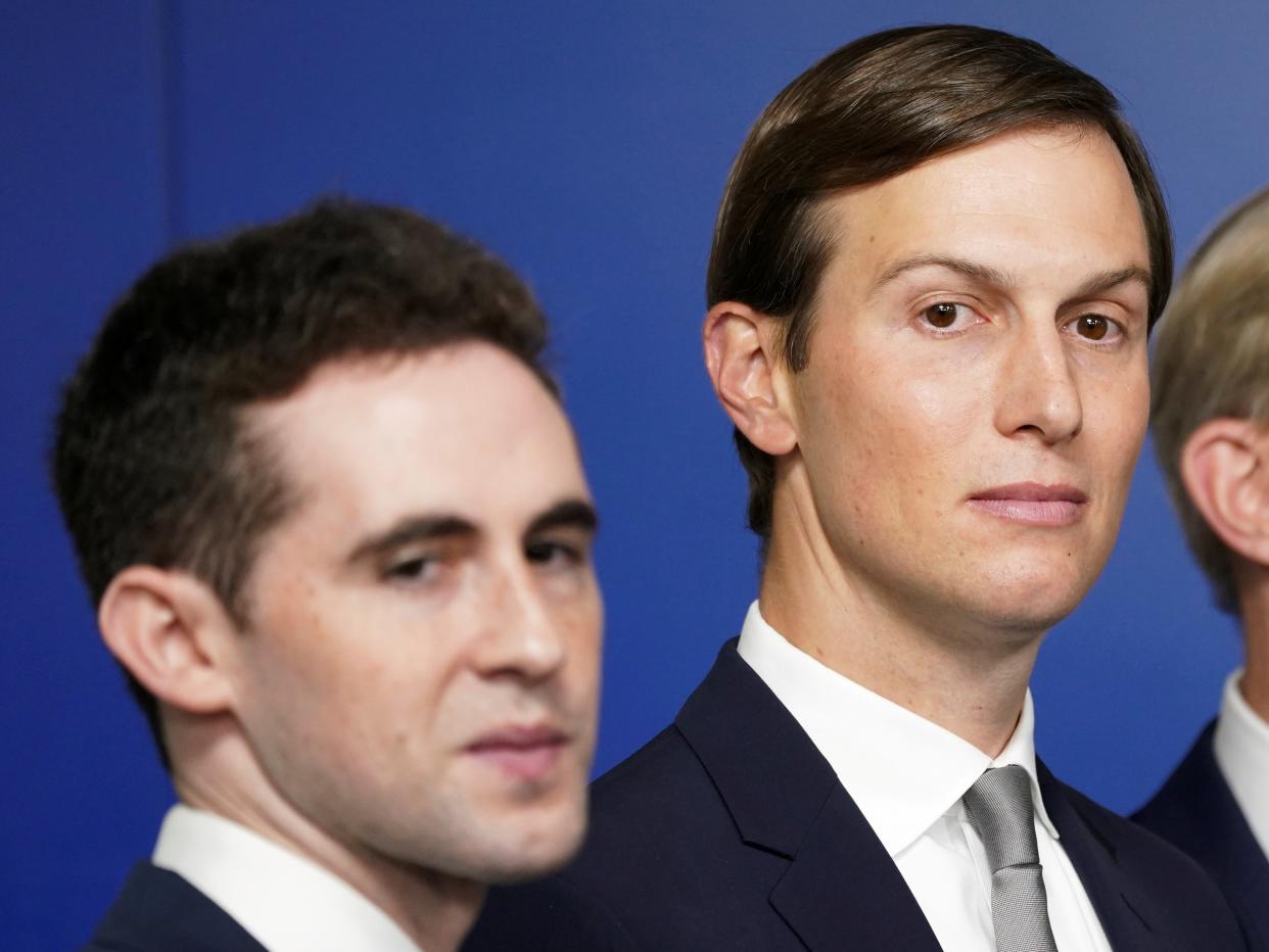 <p>Jared Kushner, flanked by aide Avi Berkowitz (L) and Brian Hook, former U.S. envoy to Iran, during a press briefing on the agreement between Israel and the United Arab Emirates at White House in Washington, DC, on 13 August 2020</p> ((Reuters))