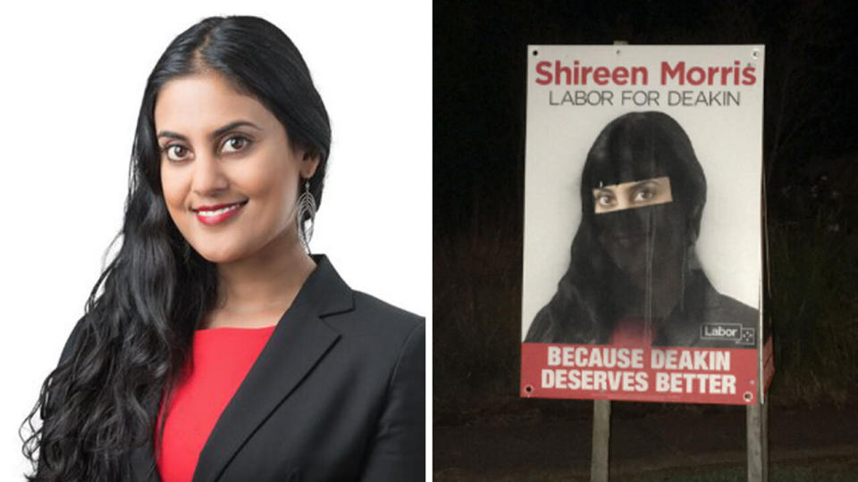 Posters for Victoria's Deakin electorate Labor candidate Shireen Morris, left, have been defaced to depict her wearing a niqab. Source: Shireen Morris 