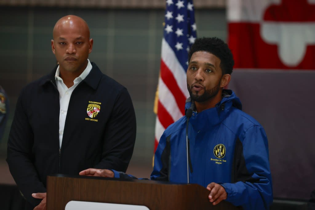 MARYLAND, UNITED STATES – APRIL 2: U.S. Mayor of Baltimore Brandon Maurice Scott (R) holds a Press Conference on the Collapse of the Francis Scott Key Bridge in Baltimore, United States on April 2, 2024. (Photo by Celal Gunes/Anadolu via Getty Images)