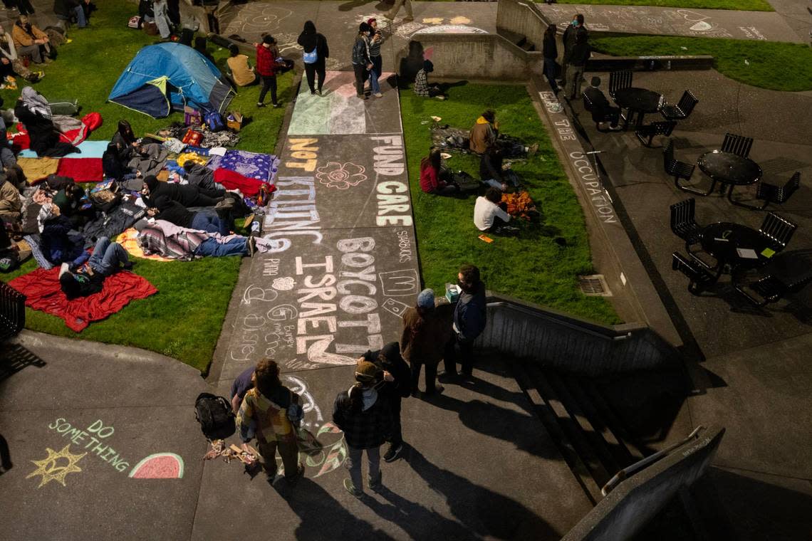 Pro-Palestinian protesters gather in the Cal Poly Humboldt quad on Tuesday, April 23, 2024, near Siemens Hall, which students and community members have occupied to call for a permanent ceasefire in Gaza.