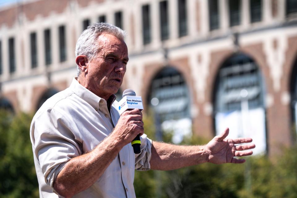 Presidential candidate Robert F. Kennedy Jr. speaks at the Des Moines Register Political Soapbox at the Iowa State Fair on Aug. 12 in Des Moines. At the time, he was running as a Democrat but is now running as an independent.