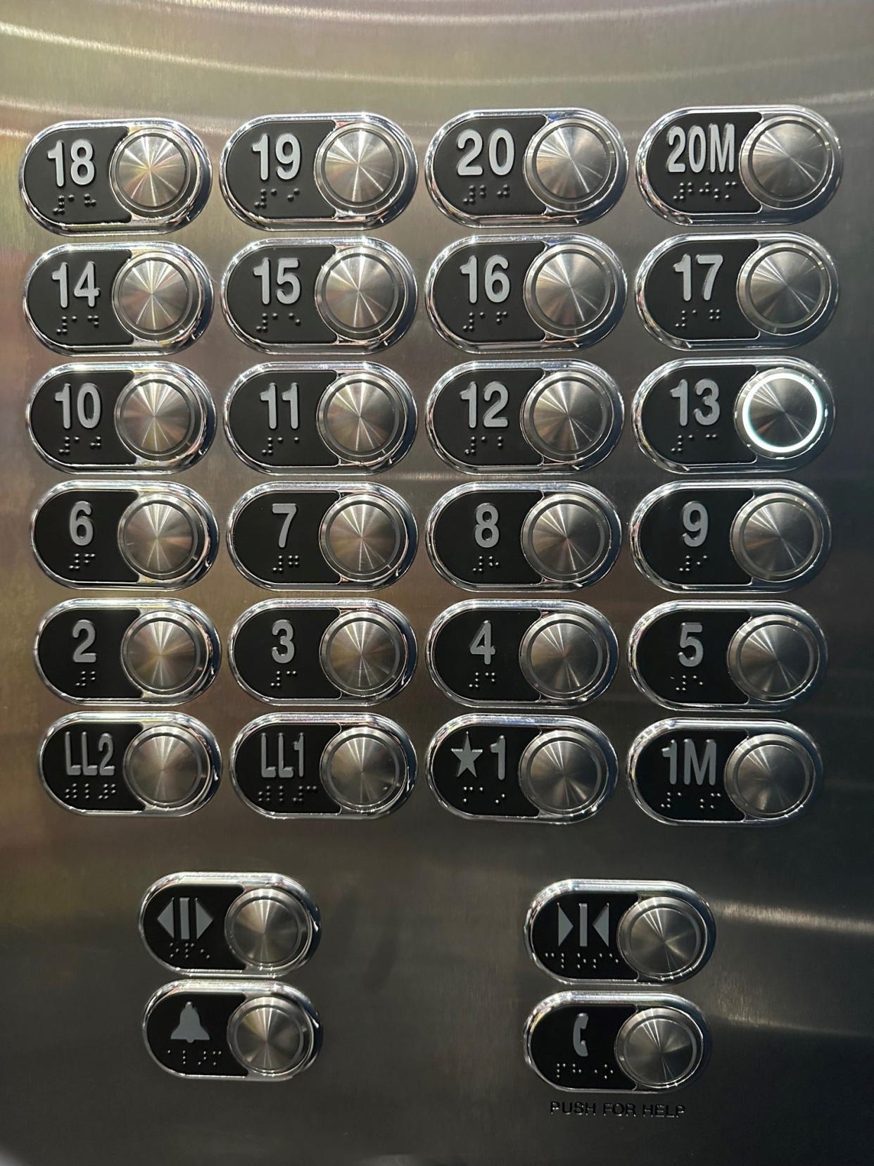 The elevator button panel in the new Albion apartment building in Nashville, Tenn., shows the building does have a 13th floor. In fact, one unit that has been rented is #1313, which is on the 13th floor. Apparently that person doesn't have triskaidekaphobia, or a fear of the number 13.