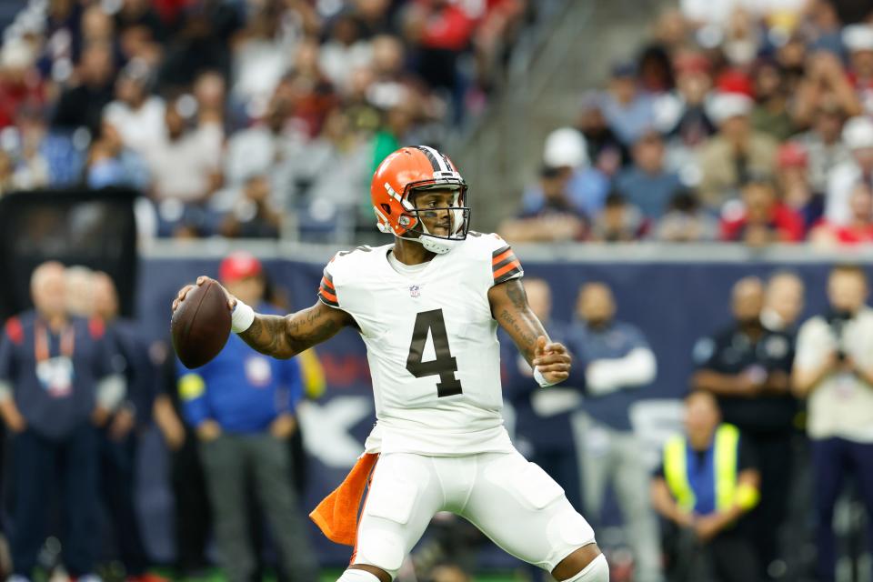 Cleveland Browns quarterback Deshaun Watson (4) looks to pass during an NFL football game against the Houston Texans on Sunday, December 4, 2022, in Houston. (AP Photo/Matt Patterson)