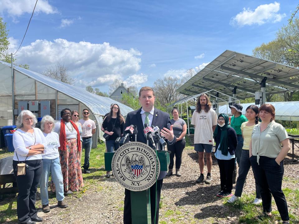 Binghamton Mayor Jared Kraham announced a $100,000 grant at VINES Urban Farm in downtown Binghamton Wednesday, May 1, 2024.