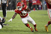 Kansas City Chiefs running back Isiah Pacheco (10) carries the ball during the first half of an NFL football game against the Tampa Bay Buccaneers Sunday, Oct. 2, 2022, in Tampa, Fla. (AP Photo/Jason Behnken)