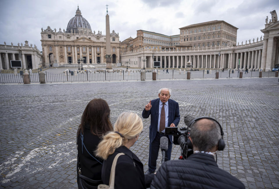 Former Associated Press Rome Bureau Chief Victor Simpson speaks during an interview with The Associated Press at the Vatican on April 29, 2021. Simpson, who covered the Vatican for over 30 years for The Associated Press before his retirement, recalls the graciousness of Pope Benedict XVI. (AP Photo/Domenico Stinellis)