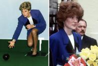 <p>On February 21, 1991, Princess Diana took part in a game of lawn bowling at the opening of the Glasgow Centre for the Deaf. She wore a blue skirt suit with a black collar by Catherine Walker and a white top underneath.</p><p>A year later, on March 23, 1992, her sister Lady Sarah McCorquodale borrowed the outfit and styled it similarly while on tour in Hungary.</p>