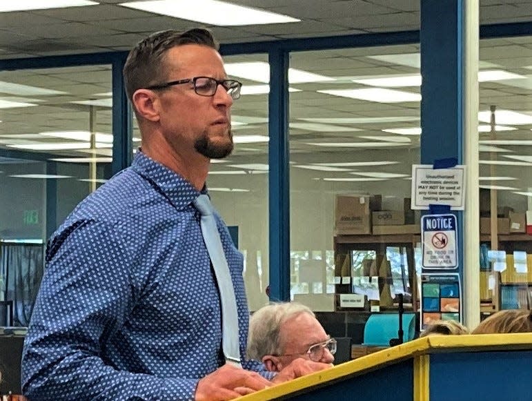 Thomas Safford speaks Friday at an Anderson Union High School District Board of Trustees meeting.