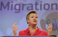 European Commissioner for Home Affairs Ylva Johansson, speaks during a media conference on the New Pact for Migration and Asylum at EU headquarters in Brussels, Wednesday, Sept. 23, 2020. (Stephanie Lecocq, Pool via AP)