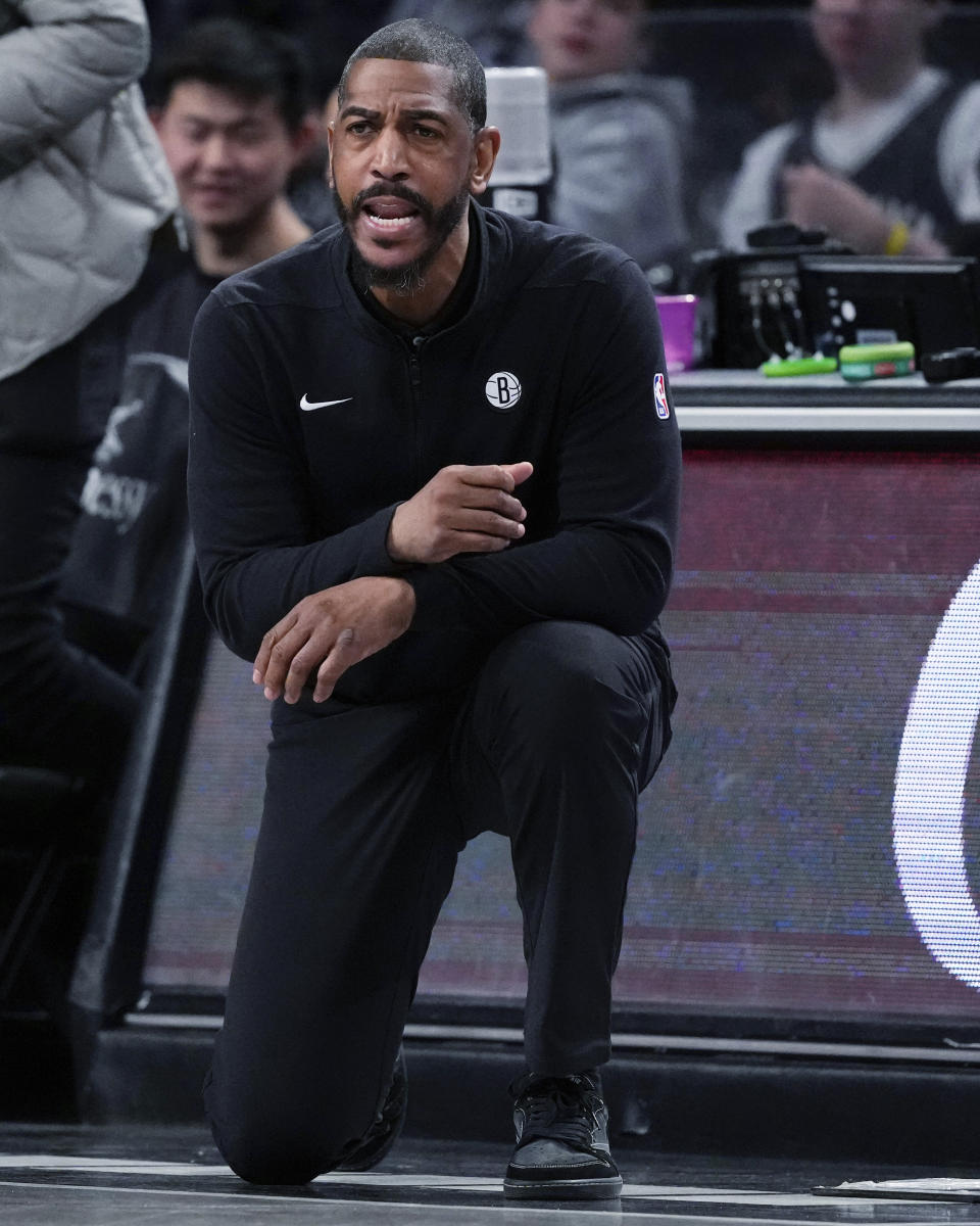 Brooklyn Nets coach Kevin Ollie calls out to players during the first half of the team's NBA basketball game against the Atlanta Hawks on Thursday, Feb. 29, 2024, in New York. (AP Photo/Frank Franklin II)