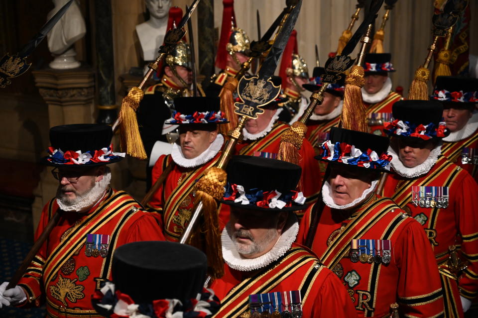 Yeomen of the Guard prepare for the official State Opening of Parliament in London, Monday Oct. 14, 2019. (Paul Ellis/Pool via AP)