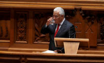 Portugal's Prime Minister Antonio Costa drinks water after his speech during the debate of a motion of censure at the parliament in Lisbon, Portugal February 20, 2019. REUTERS/Rafael Marchante
