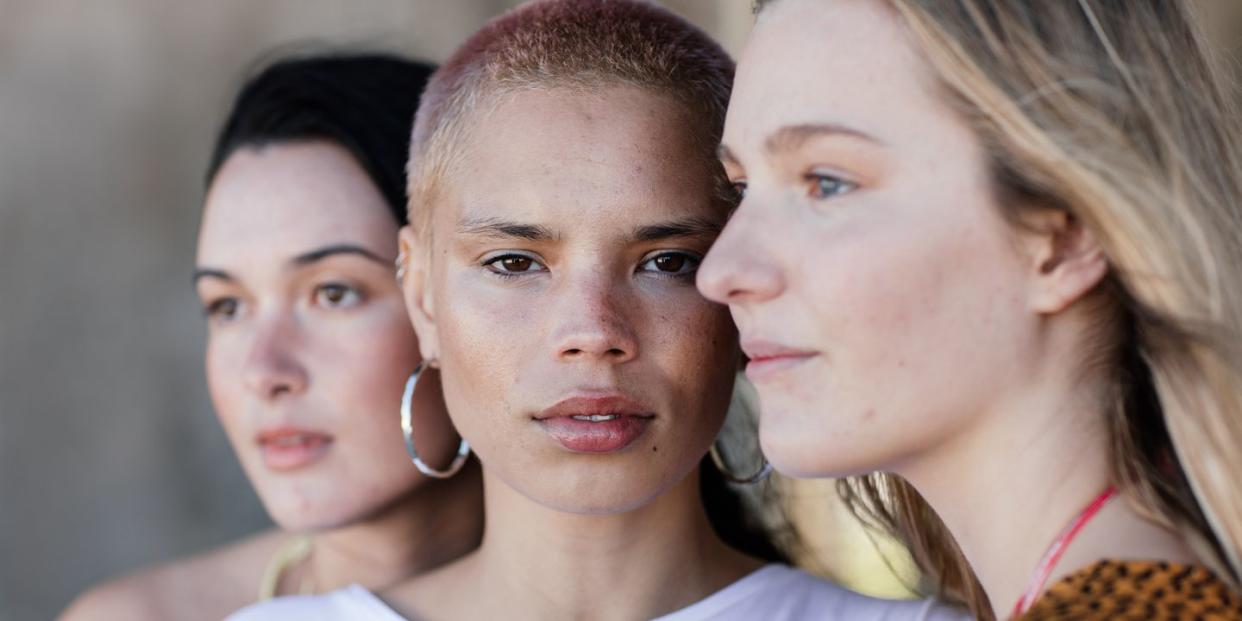 beauty shot of girlfriends focusing on different thoughts and ideas