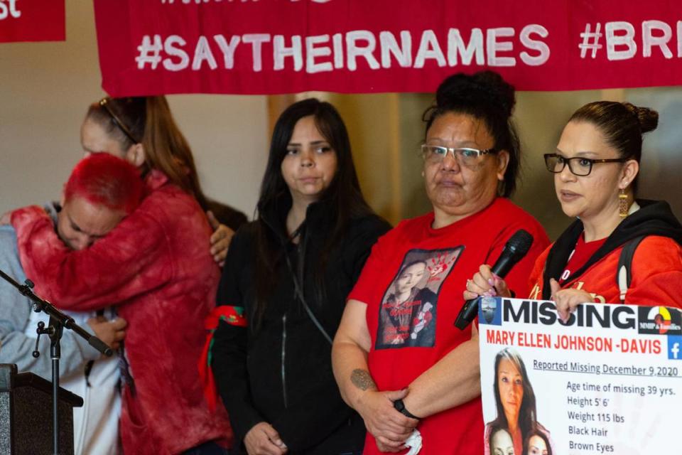 Victim’s advocate and Tulalip Police Department Program Manager Alyshia Ramon, right, with the family of missing Tulalip Tribal member Mary Ellen Johnson-Davis at the National Day for Awareness and Healing for Missing and Murdered Indigenous Women, People and Families Saturday, May 7, 2022, at Daybreak Star Indian Cultural Center in Seattle. Ramon shared that her job is to act as a liaison between victims’ families in law enforcement and hopes other law enforcement agencies will follow the Tulalip Tribes’ examples. Natasha Brennan/McClatchy