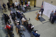 Ohio Department of Health Director Amy Acton gives an update at MetroHealth Medical Center Thursday, Feb. 27, 2020, in Cleveland, on the state's preparedness and education efforts to limit the potential spread of a new virus which caused a disease called COVID-19. (AP Photo/Tony Dejak)