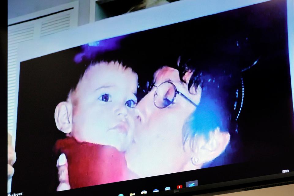 During her videotaped testimony, Finai Browd holds an undated photo of Lynda and Nikolas Cruz during the penalty phase of the trial of Marjory Stoneman Douglas High School shooter Nikolas Cruz at the Broward County Courthouse in Fort Lauderdale on Monday, August 29, 2022. Browd is an old friend of Cruz’s mother, Lynda Cruz. Cruz previously plead guilty to all 17 counts of premeditated murder and 17 counts of attempted murder in the 2018 shootings.