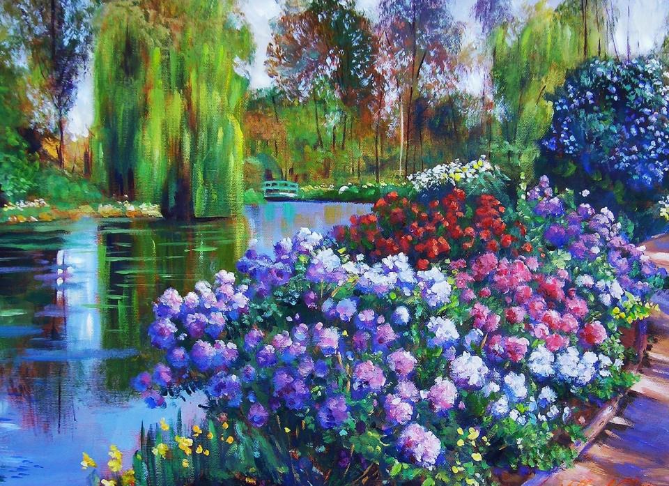 The painting of various colorful flowers along a river