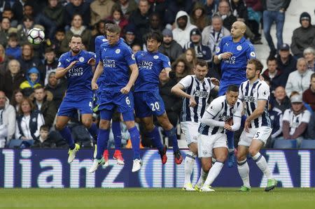 Britain Football Soccer - West Bromwich Albion v Leicester City - Premier League - The Hawthorns - 29/4/17 Leicester City's Danny Drinkwater, Robert Huth, Shinji Okazaki and Yohan Benalouane stand in a defensive wall Reuters / Darren Staples Livepic