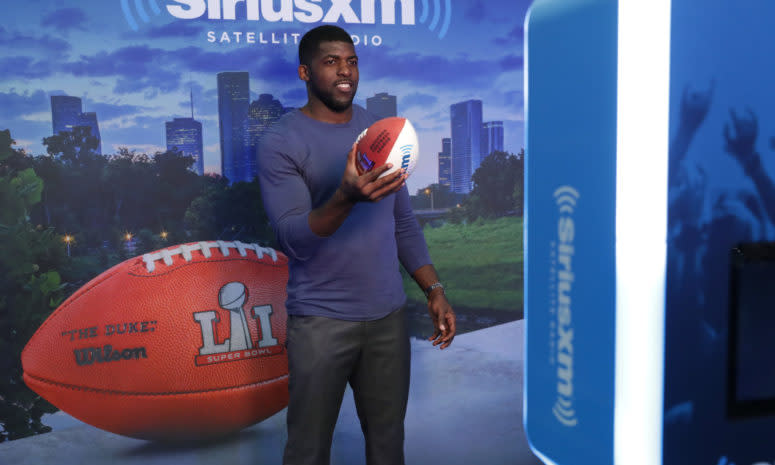 College football analyst and The Bachelor aftershow host Emmanuel Acho at SiriusXM event ahead of Super Bowl.