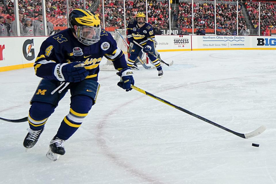 Michigan forward Gavin Brindley skates against Ohio State on Feb. 18.