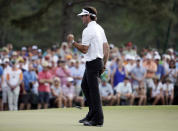 Bubba Watson punches the air on the 17th green during the fourth round of the Masters golf tournament Sunday, April 13, 2014, in Augusta, Ga. Watson went on to win the Masters championship. (AP Photo/Darron Cummings)