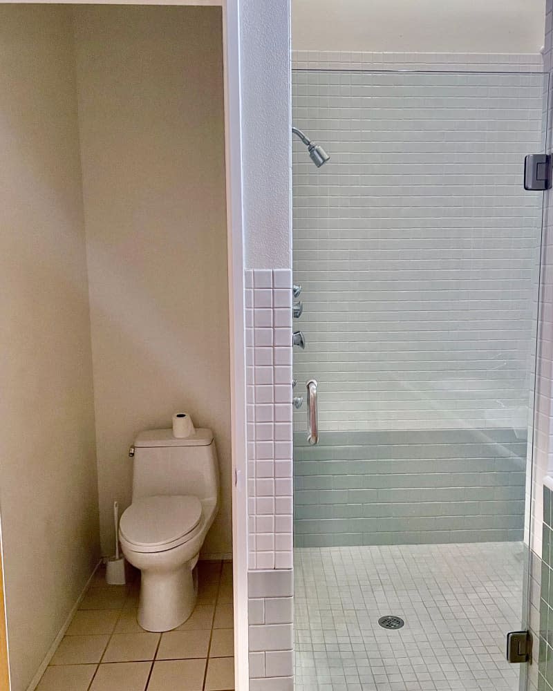 Shower and toilet in tiled bathroom before renovation.