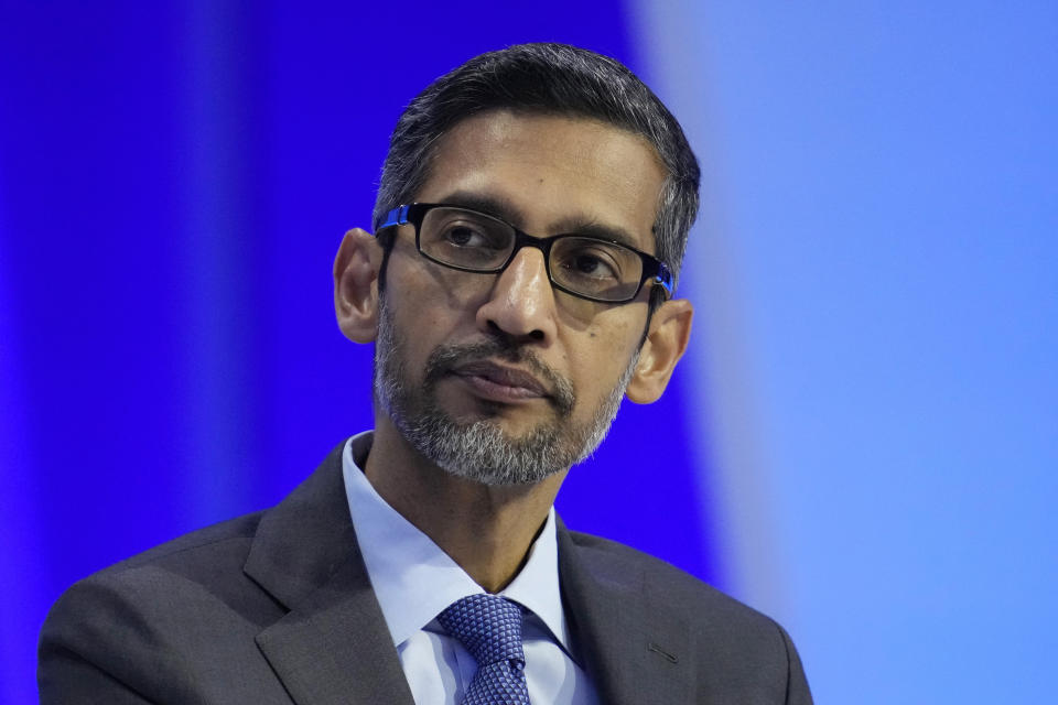 File - Sundar Pichai, CEO of Google and Alphabet, takes part in a discussion at the Asia-Pacific Economic Cooperation (APEC) CEO Summit Nov. 16, 2023, in San Francisco. A legal advisor to the European Union's top court said Thursday that Google should still pay a whopping fine in a long-running antitrust case in which regulators found the company gave its own shopping recommendations an illegal advantage over rivals in search results. (AP Photo/Eric Risberg, File)