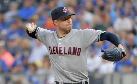 FILE PHOTO: Sep 29, 2018; Kansas City, MO, USA; Cleveland Indians starting pitcher Corey Kluber (28) delivers a pitch in the first inning against the Kansas City Royals at Kauffman Stadium. Mandatory Credit: Denny Medley-USA TODAY Sports