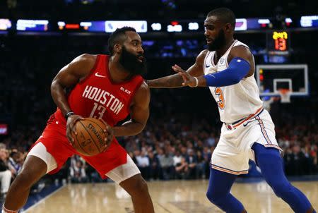 Jan 23, 2019; New York, NY, USA; New York Knicks guard Tim Hardaway Jr. (3) defends against Houston Rockets guard James Harden (13) during the first half at Madison Square Garden. Mandatory Credit: Noah K. Murray-USA TODAY Sports