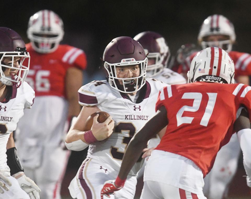 Killingly's Soren Reif looks for some running room during Killingly's win against NFA earlier this season.