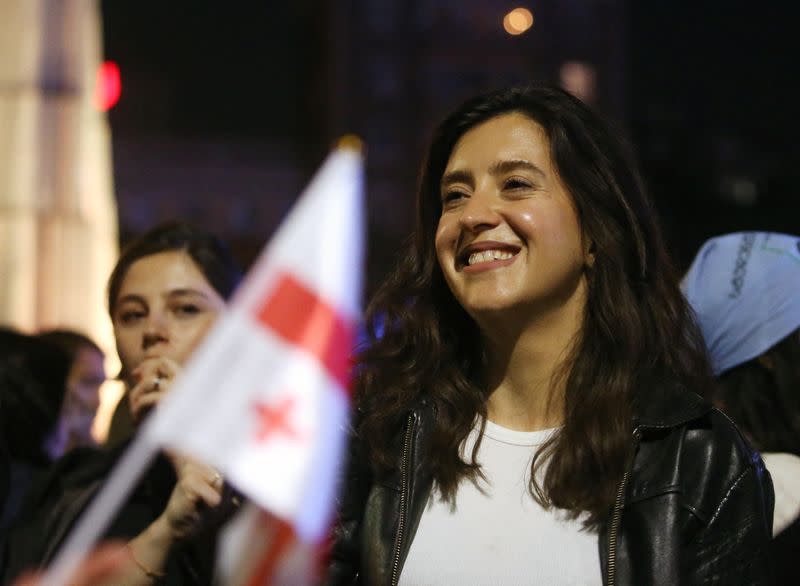 Nonprofit worker Mariam Tsertsvadze takes part in a protest against a bill on "foreign agents" in Tbilisi