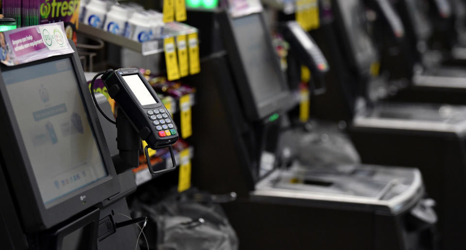 Photo shows Woolworths checkouts as Metro stores trial completely cashless payments.