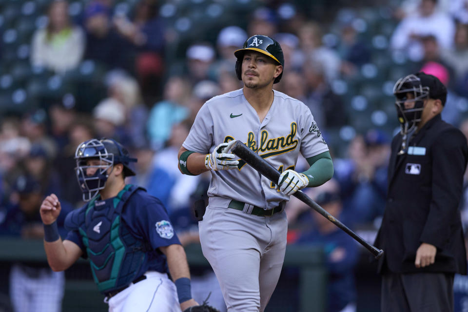 Oakland Athletics' Ryan Noda walks away after striking out against Seattle Mariners starting pitcher Bryce Miller during the first inning of a baseball game Wednesday, May 24, 2023, in Seattle. (AP Photo/John Froschauer)