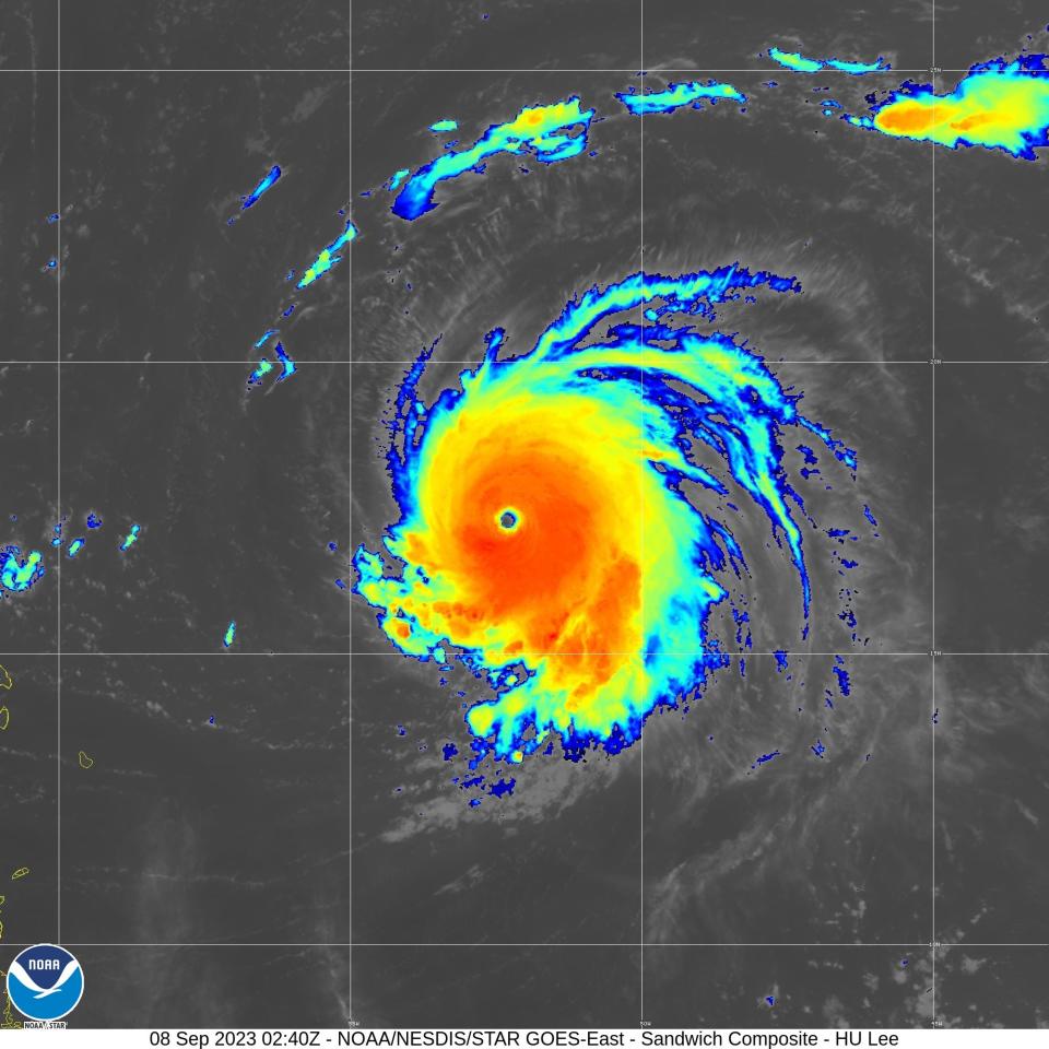 Hurricane Lee, which strengthened to a Category 5 with 160 mph winds on Thursday, formed a wide, clear eye in this composite satellite image provided by the National Oceanic and Atmospheric Administration.