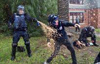 <p>A policeman deploys capsicum spray towards a protester during clashes in the Melbourne suburb of Coburg, Australia, May 28, 2016. (AAP/Julian Smith/via REUTERS) </p>