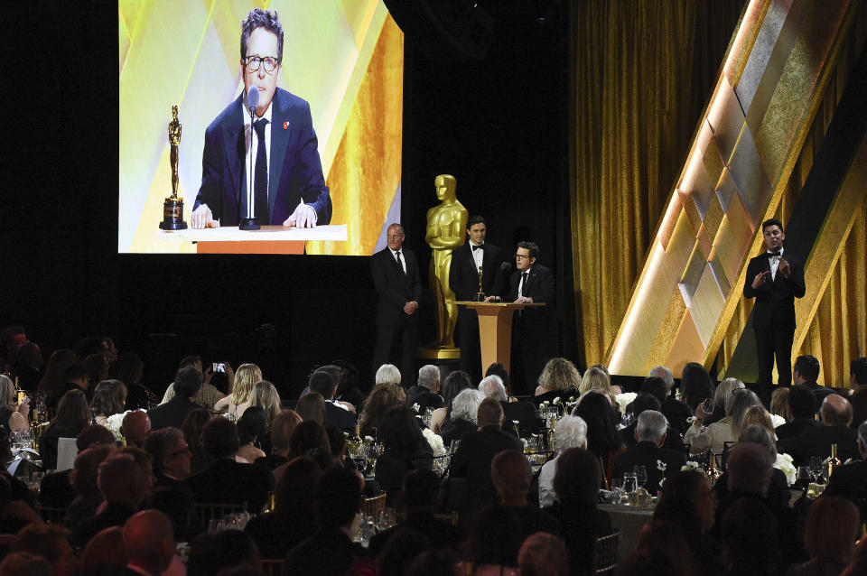 Michael J. Fox speaks on stage during the Governors Awards on Saturday, Nov. 19, 2022, at Fairmont Century Plaza in Los Angeles. (Photo by Richard Shotwell/Invision/AP)