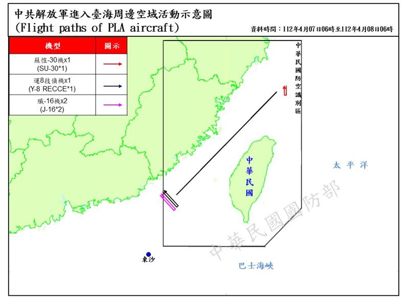 4架次共機逾越海峽中線及其延伸線進入西南空域（圖／國防部提供）