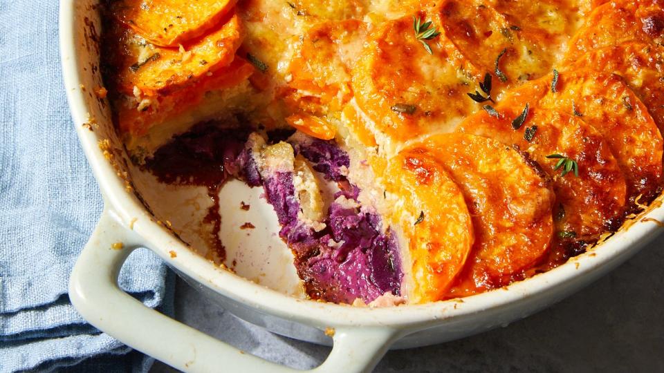 tri color sweet potato gratin with gruyere and thyme