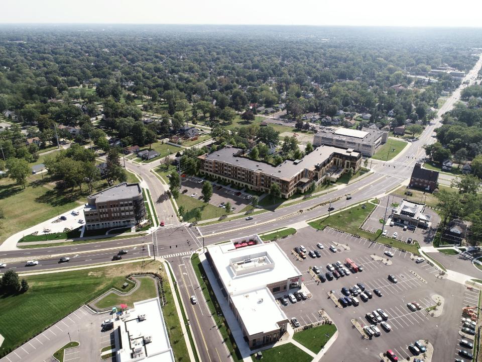 An artist's rendering shows an aerial view of the proposed "5 Corners" apartment complex, center, at the intersection of Eddy Street and Corby Boulevard, just southeast of the University of Notre Dame.