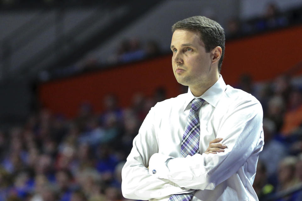 LSU head coach Will Wade during the first half of an NCAA college basketball game against Florida in Gainesville, Fla., Wednesday, March 6, 2019. (AP Photo/Gary McCullough)