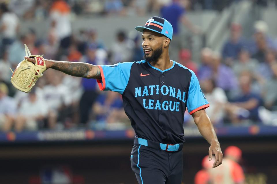 Jul 16, 2024; Arlington, Texas, USA; National League pitcher Cristopher Sanchez of the Philadelphia Phillies (61) reacts after pitching in the sixth inning during the 2024 MLB All-Star game at Globe Life Field. Mandatory Credit: Kevin Jairaj-USA TODAY Sports