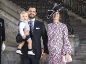 <p>Prinzessin Sofia ist hier mit ihrem zweiten Sohn Prinz Gabriel schwanger. Sein großer Bruder Prinz Alexander macht seinem Papa Prinz Carl Philip von Schweden im Anzug Konkurrenz. (Bild: Getty Images) </p>