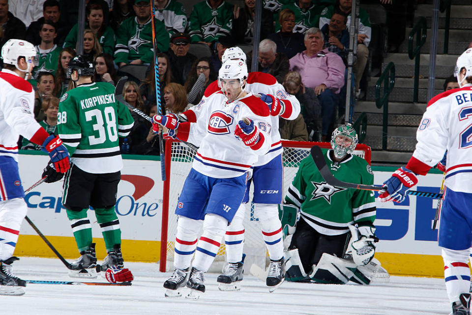 DALLAS, TX - JANUARY 4: Max Pacioretty #67 of the Montreal Canadiens celebrates a goal against the Dallas Stars at the American Airlines Center on January 4, 2017 in Dallas, Texas. (Photo by Glenn James/NHLI via Getty Images)