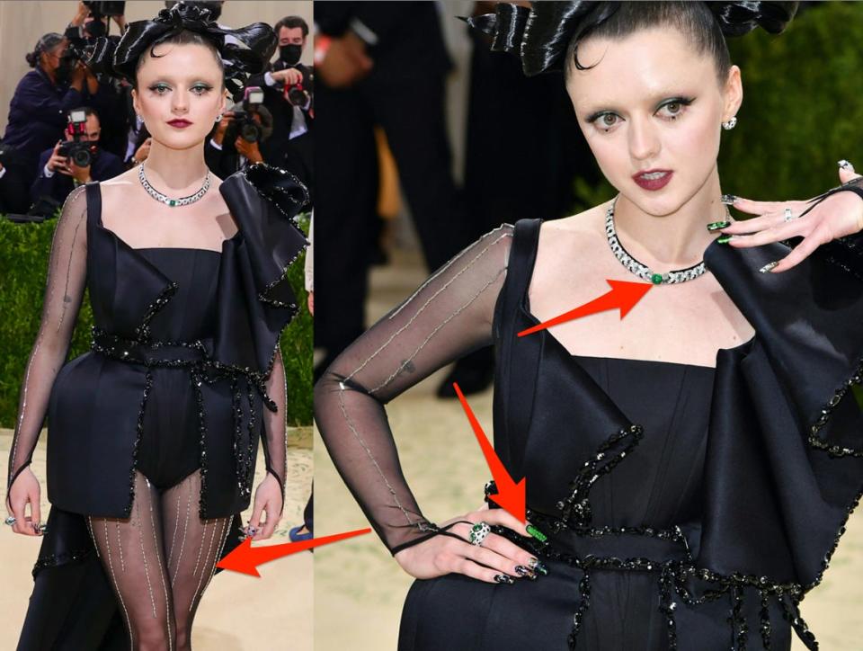 Maisie Williams Matrix-inspired look at the Met Gala with arrows pointing to details