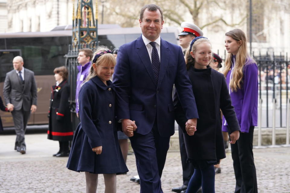 Peter Phillips with Isla Phillips and Savannah Phillips (right) were also in attendance for the service of thanksgiving. (Photo by Aaron Chown/PA Images via Getty Images)