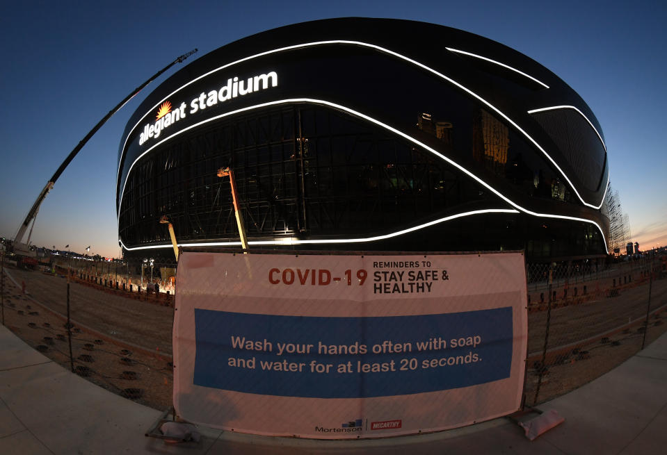 A "stay safe" sign outside Allegiant Stadium.